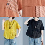 Italian black cotton clothes For Women o neck patchwork loose summer blouses - SooLinen