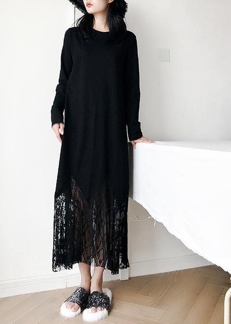 Italian black cotton dress hollow out Maxi summer patchwork Dress - SooLinen