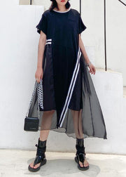 Italian black cotton dress o neck patchwork Kaftan Dresses - SooLinen