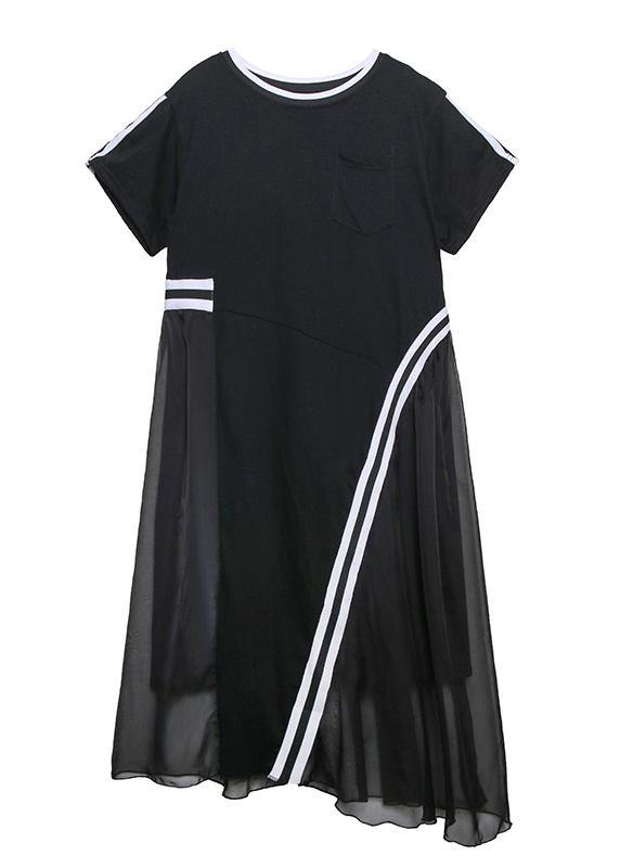 Italian black cotton dress o neck patchwork Kaftan Dresses - SooLinen