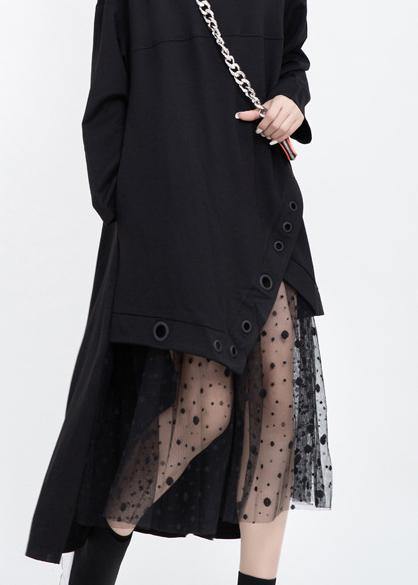 Italian black cotton dresses patchwork tulle long fall Dress - SooLinen