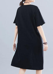 Italian black cotton linen clothes For Women patchwork o neck baggy summer Dresses - SooLinen