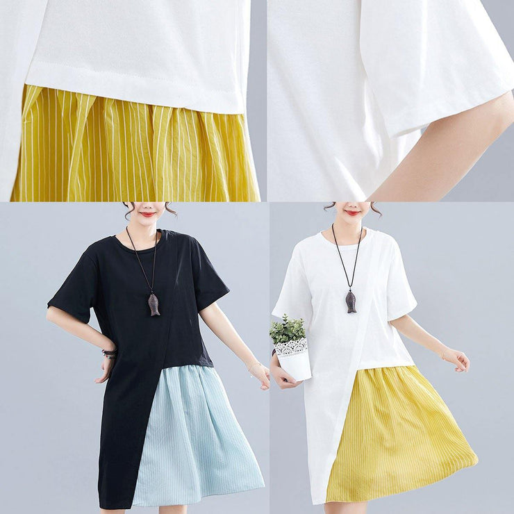 Italian black cotton linen clothes For Women patchwork o neck baggy summer Dresses - SooLinen