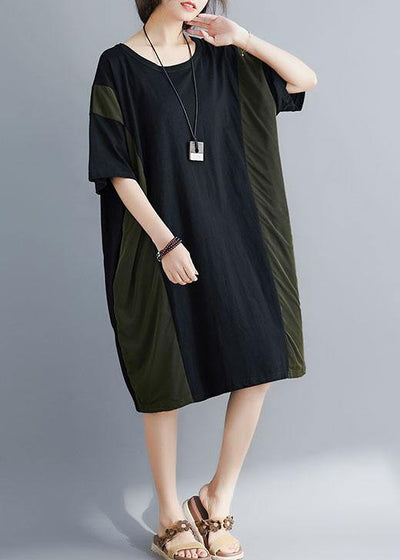 Italian black cotton tunics for women o neck patchwork Maxi summer Dresses - SooLinen