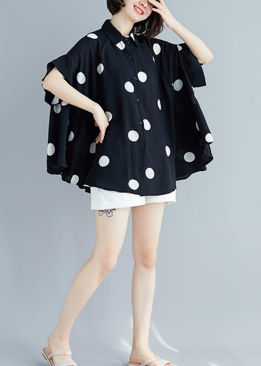 Italian black dotted chiffon tops quality Sewing lapel Art Summer shirt - SooLinen
