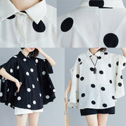 Italian black dotted chiffon tops quality Sewing lapel Art Summer shirt - SooLinen