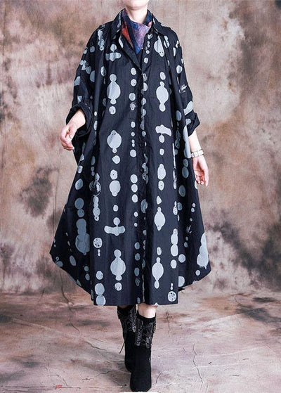 Italian black dotted quilting dresses lapel asymmetric Kaftan fall Dresses - SooLinen