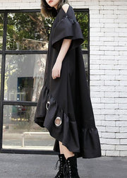 Italian black hollow out cotton quilting dresses asymmetric hem Traveling summer patchwork Dress - SooLinen