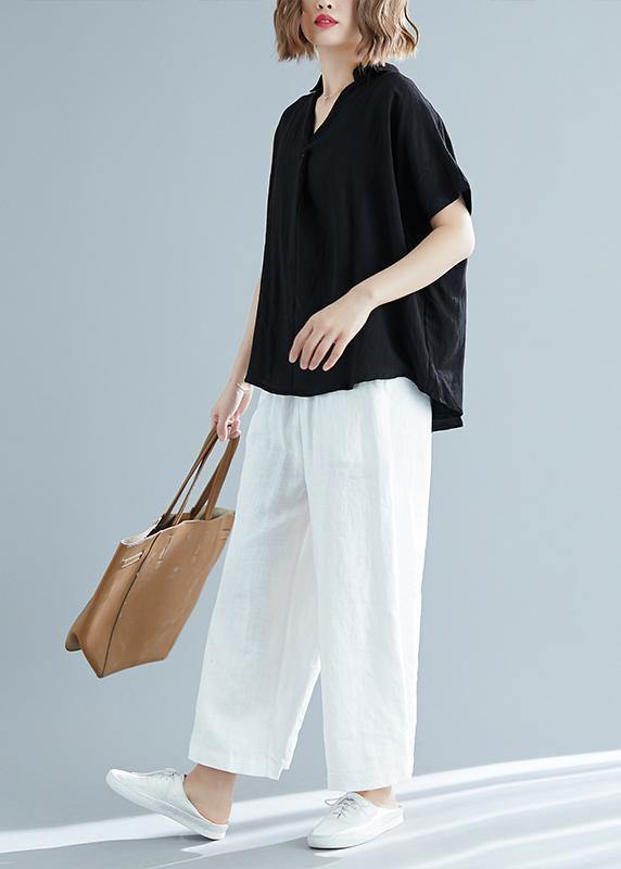 Italian black linen cotton Blouse Pakistani Fabrics v neck Button Down Knee Summer blouses - SooLinen