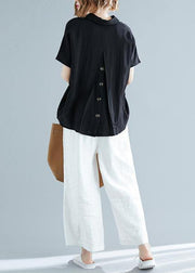 Italian black linen cotton Blouse Pakistani Fabrics v neck Button Down Knee Summer blouses - SooLinen