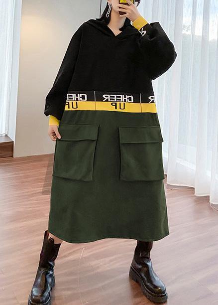 Italian black patchwork Long Shirts hooded A Line Dress - SooLinen