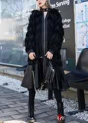 Italian black patchwork PU fine Coats Women pattern stand collar tassel fall coats - SooLinen