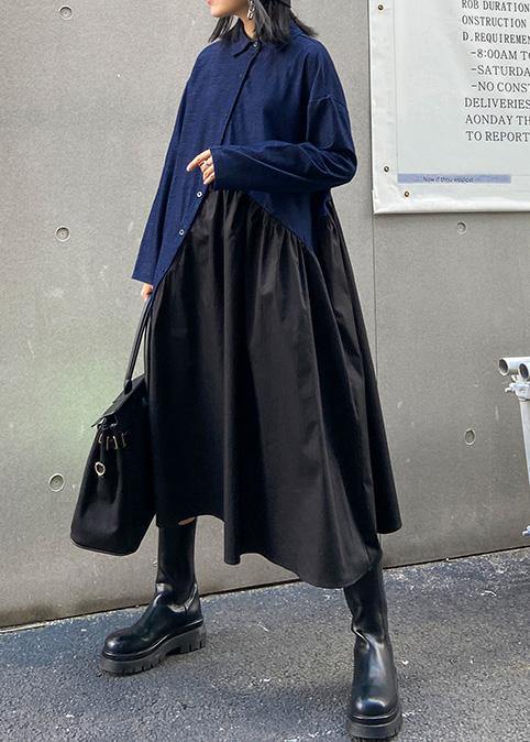 Italian black patchwork blue dress women lapel Cinched oversized dress - SooLinen
