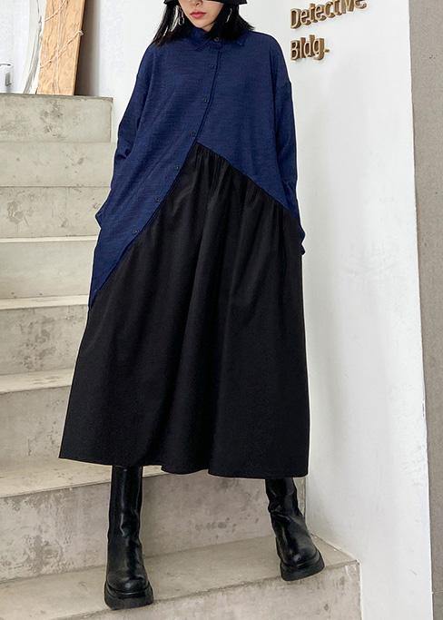 Italian black patchwork blue dress women lapel Cinched oversized dress ...