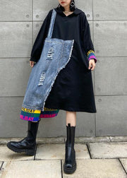Italian black patchwork denim blue quilting clothes o neck Hole long Dress - SooLinen