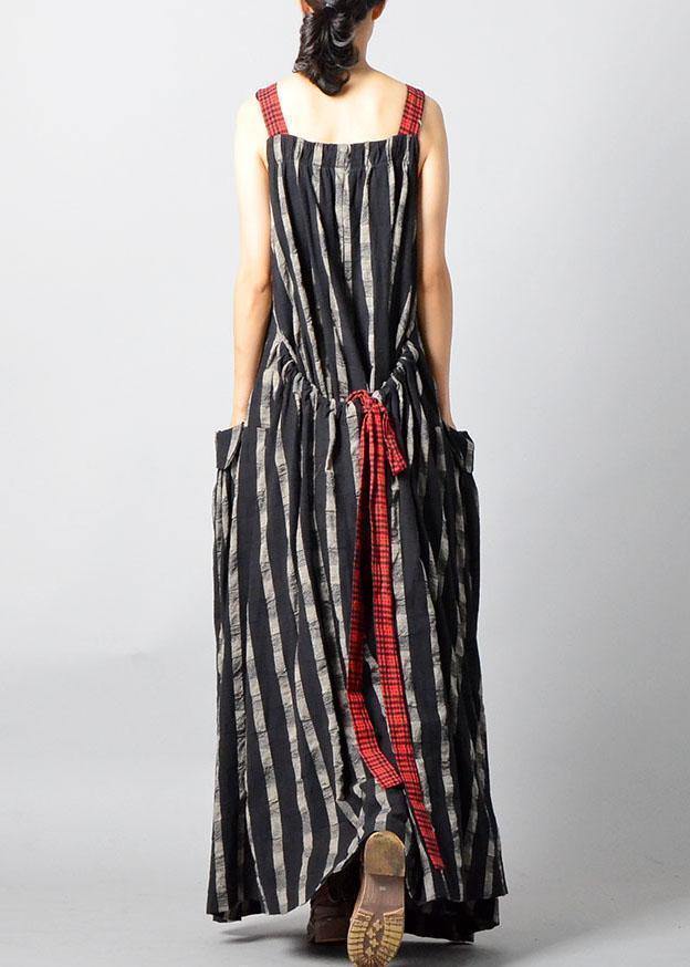 Italian black patchwork linen Robes sleeveless Traveling fall Dress - SooLinen