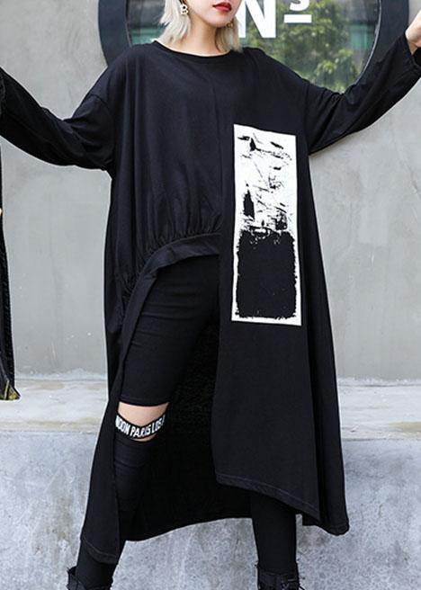 Italian black prints Cotton dress asymmetric Midi fall Dress - SooLinen