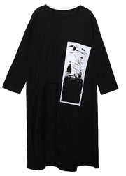 Italian black prints Cotton dress asymmetric Midi fall Dress - SooLinen