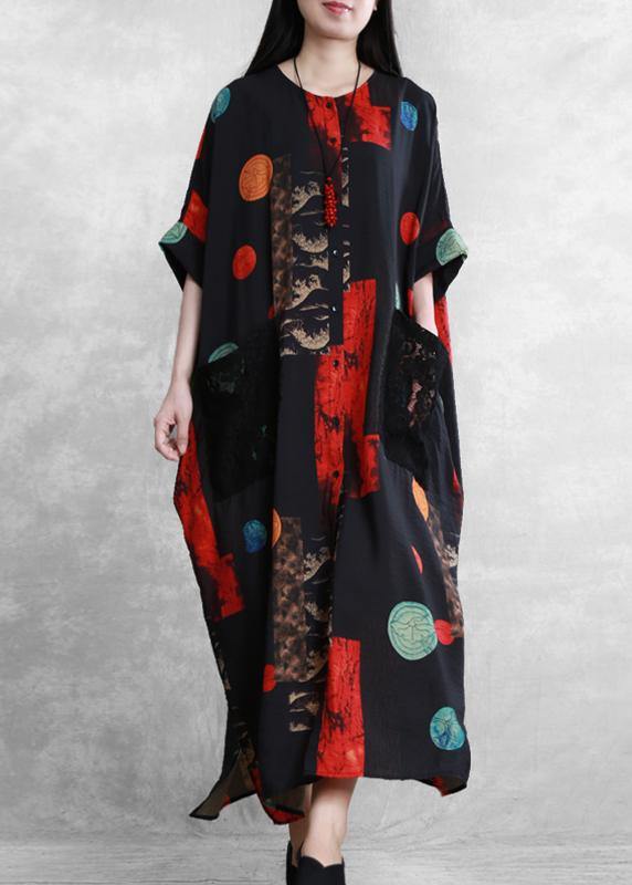 Italian black red print dress o neck patchwork lace Maxi Dress - SooLinen