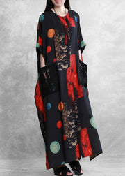 Italian black red print dress o neck patchwork lace Maxi Dress - SooLinen