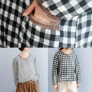 Italian black small plaid cotton linen tops women wild Midi v neck blouse - SooLinen