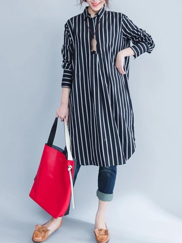 Italian black striped Cotton clothes lapel oversized shirt Dres - SooLinen
