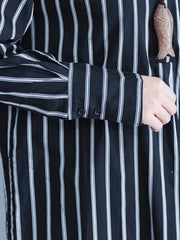Italian black striped Cotton clothes lapel oversized shirt Dres - SooLinen
