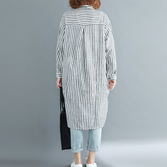 Italian black white striped linen clothes For Women plus size Shape side open Dresses spring Dress