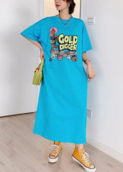 Italian blue Cartoon print tunic pattern o neck side open cotton Dress - SooLinen