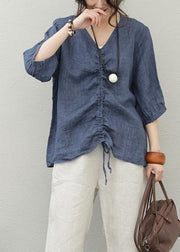 Italian blue cotton Shirts v neck drawstring baggy blouse - SooLinen