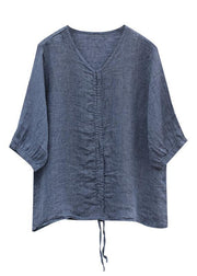 Italian blue cotton Shirts v neck drawstring baggy blouse - SooLinen
