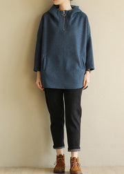 Italian blue cotton tunic pattern zippered loose hooded blouses - SooLinen