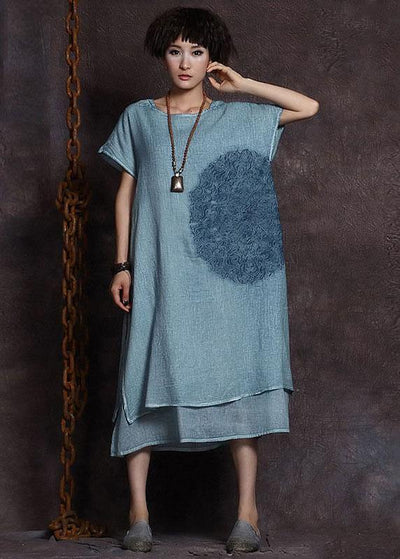 Italian blue embroidery linen Robes layered Love summer Dress - SooLinen