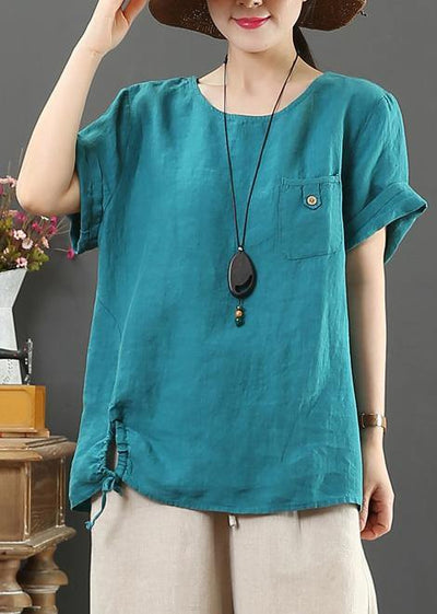 Italian blue linen clothes For Women o neck pockets Plus Size Clothing summer tops - SooLinen