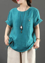 Italian blue linen clothes For Women o neck pockets Plus Size Clothing summer tops - SooLinen