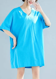 Italian blue linen cotton clothes Women v neck half sleeve loose summer Dresses - SooLinen