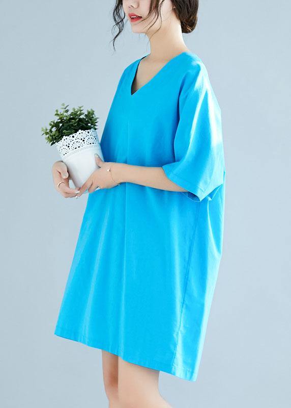 Italian blue linen cotton clothes Women v neck half sleeve loose summer Dresses - SooLinen