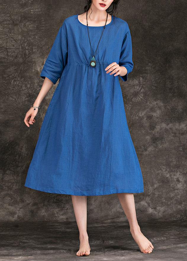 Italian blue linen dress o neck Cinched Three Quarter sleeve summer Dress - SooLinen