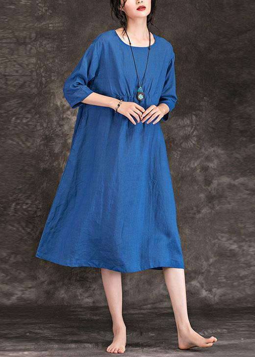 Italian blue linen dress o neck Cinched Three Quarter sleeve summer Dress - SooLinen