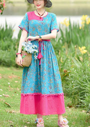 Italian blue print cotton dresses o neck drawstring Maxi summer Dresses - SooLinen