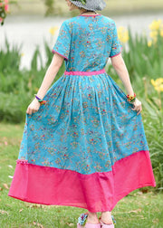 Italian blue print cotton dresses o neck drawstring Maxi summer Dresses - SooLinen