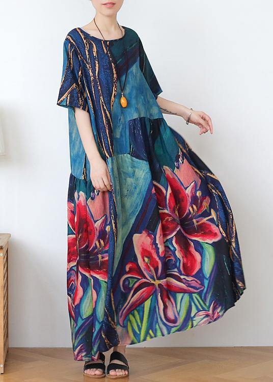 Italian blue print linen clothes o neck exra large hem Dresses summer Dress - SooLinen