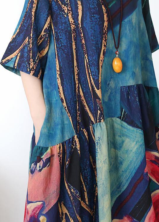 Italian blue print linen clothes o neck exra large hem Dresses summer Dress - SooLinen