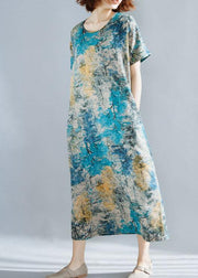 Italian blue prints linen Robes short sleeve Dresses summer Dresses - SooLinen