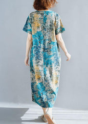 Italian blue prints linen Robes short sleeve Dresses summer Dresses - SooLinen