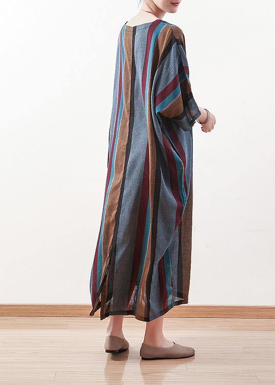 Italian blue striped linen cotton Robes o neck Batwing Sleeve Art spring Dresses - SooLinen
