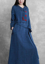 Italian blue fine box coat Fabrics o neck tie waist jackets - SooLinen