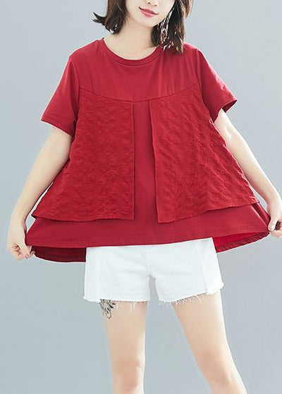 Italian burgundy cotton clothes For Women Fitted Sewing o neck patchwork Art Summer tops - SooLinen