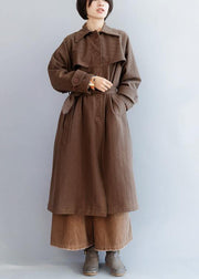 Italian chocolate Plus Size Long coats Shirts lapel collar tie waist coats - SooLinen