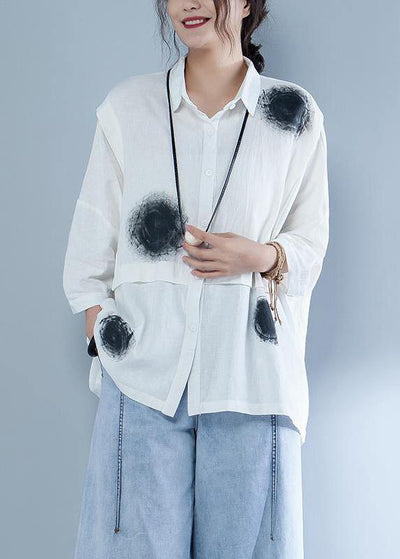 Italian cotton linen Blouse plus size Casual Polo Collar Short Sleeve Spliced Blouse - SooLinen